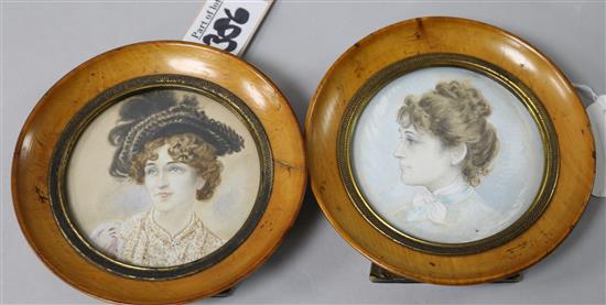 A pair of watercolour miniatures of ladies, 9.5cm